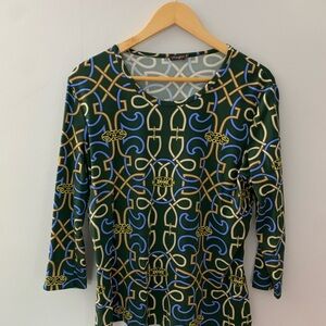 J. McLaughlin Blue and Gold Fitted Graphic Blouse